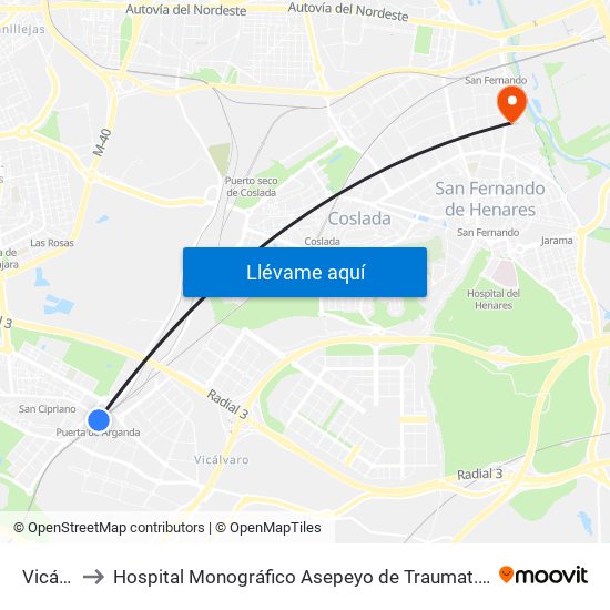 Vicálvaro to Hospital Monográfico Asepeyo de Traumat. Cirugía y Rehabilitación map