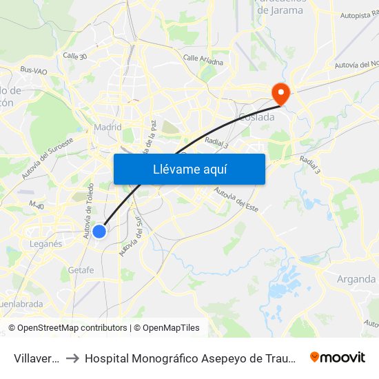Villaverde Alto to Hospital Monográfico Asepeyo de Traumat. Cirugía y Rehabilitación map