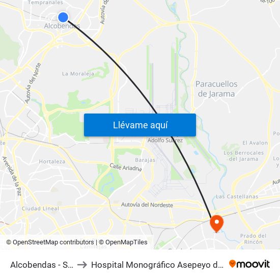 Alcobendas - S. S. De Los Reyes to Hospital Monográfico Asepeyo de Traumat. Cirugía y Rehabilitación map