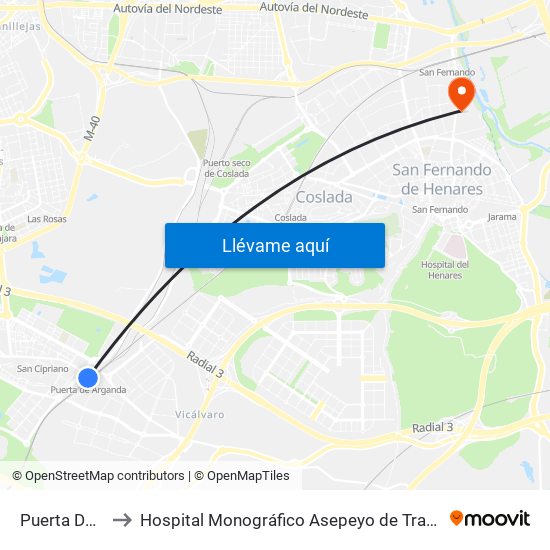 Puerta De Arganda to Hospital Monográfico Asepeyo de Traumat. Cirugía y Rehabilitación map
