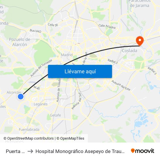 Puerta Del Sur to Hospital Monográfico Asepeyo de Traumat. Cirugía y Rehabilitación map