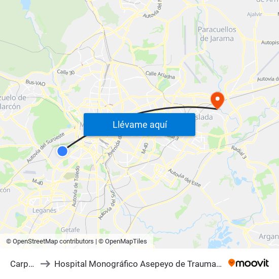 Carpetana to Hospital Monográfico Asepeyo de Traumat. Cirugía y Rehabilitación map