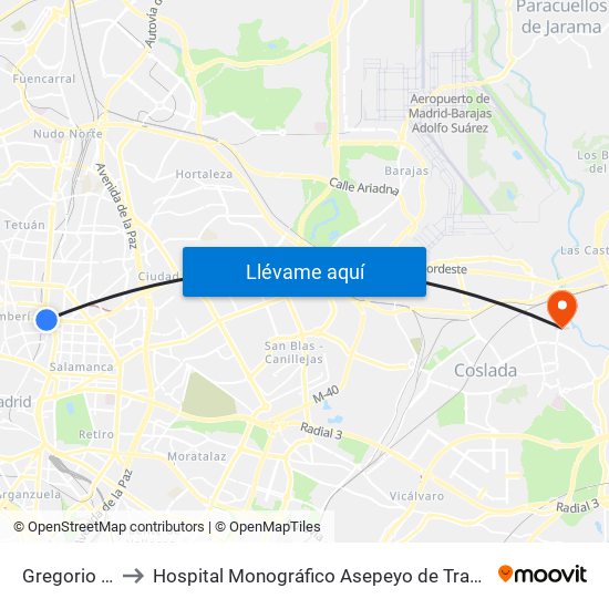 Gregorio Marañón to Hospital Monográfico Asepeyo de Traumat. Cirugía y Rehabilitación map