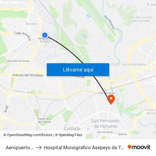 Aeropuerto T1 - T2 - T3 to Hospital Monográfico Asepeyo de Traumat. Cirugía y Rehabilitación map