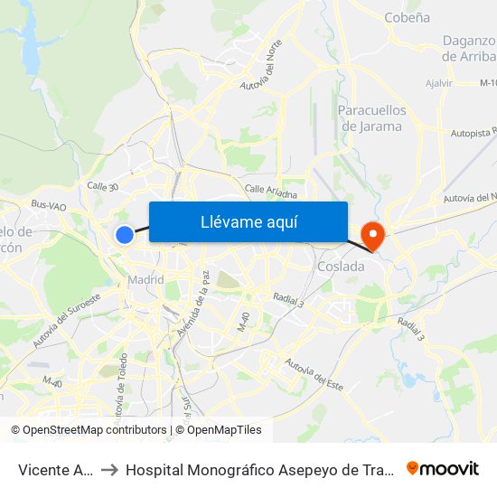 Vicente Aleixandre to Hospital Monográfico Asepeyo de Traumat. Cirugía y Rehabilitación map