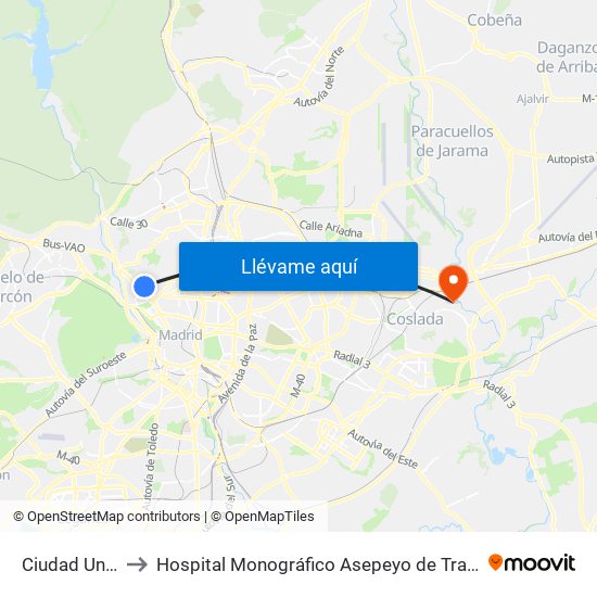 Ciudad Universitaria to Hospital Monográfico Asepeyo de Traumat. Cirugía y Rehabilitación map