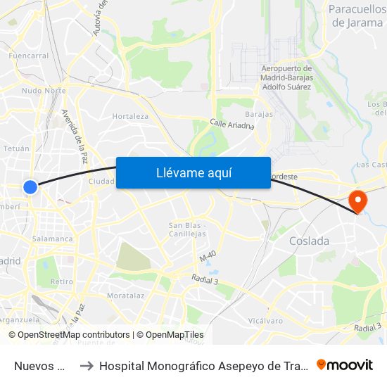 Nuevos Ministerios to Hospital Monográfico Asepeyo de Traumat. Cirugía y Rehabilitación map