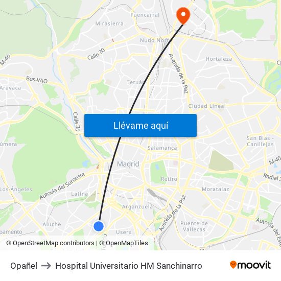 Opañel to Hospital Universitario HM Sanchinarro map