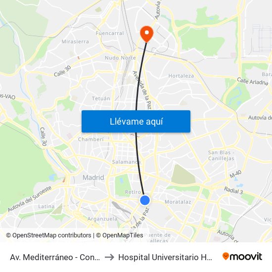 Av. Mediterráneo - Conde De Casal to Hospital Universitario HM Sanchinarro map