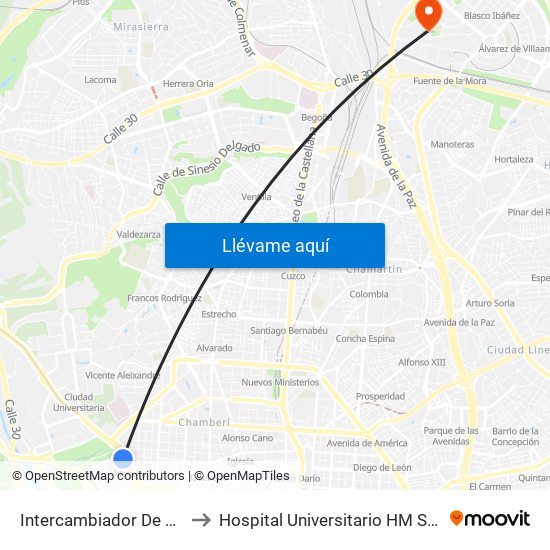 Intercambiador De Moncloa to Hospital Universitario HM Sanchinarro map