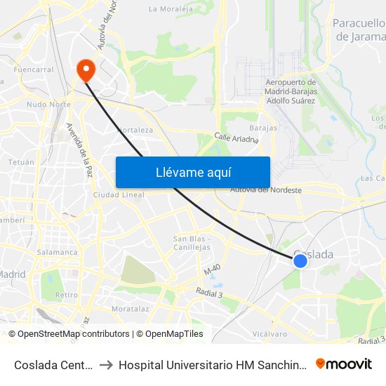 Coslada Central to Hospital Universitario HM Sanchinarro map
