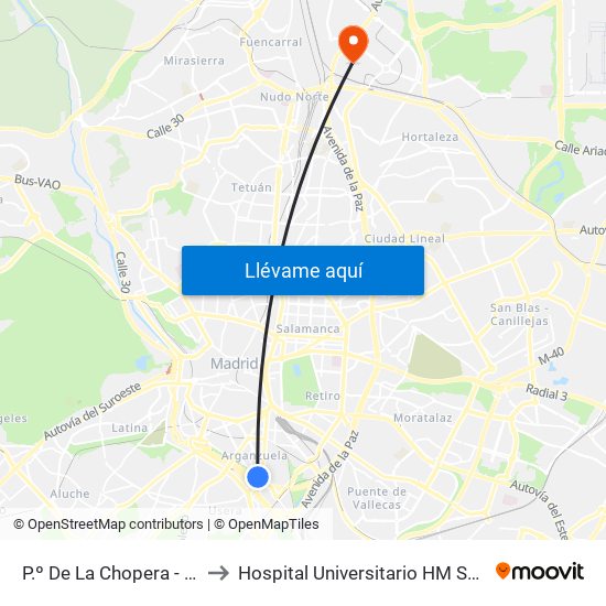 P.º De La Chopera - Legazpi to Hospital Universitario HM Sanchinarro map