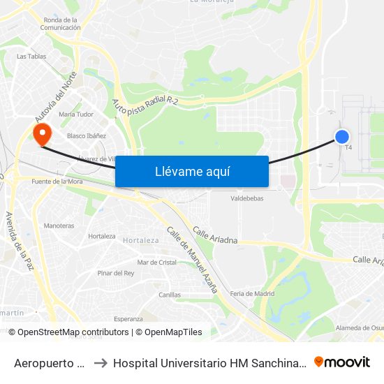 Aeropuerto T4 to Hospital Universitario HM Sanchinarro map