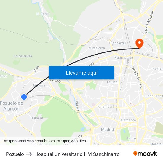 Pozuelo to Hospital Universitario HM Sanchinarro map