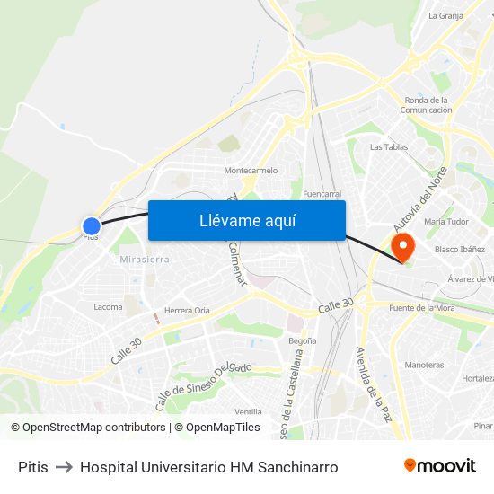Pitis to Hospital Universitario HM Sanchinarro map