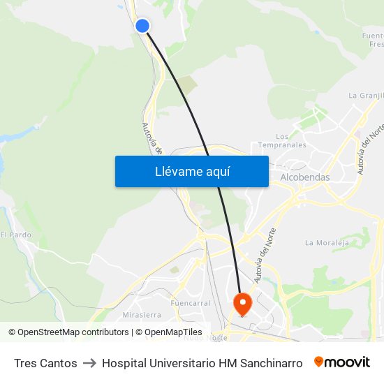 Tres Cantos to Hospital Universitario HM Sanchinarro map