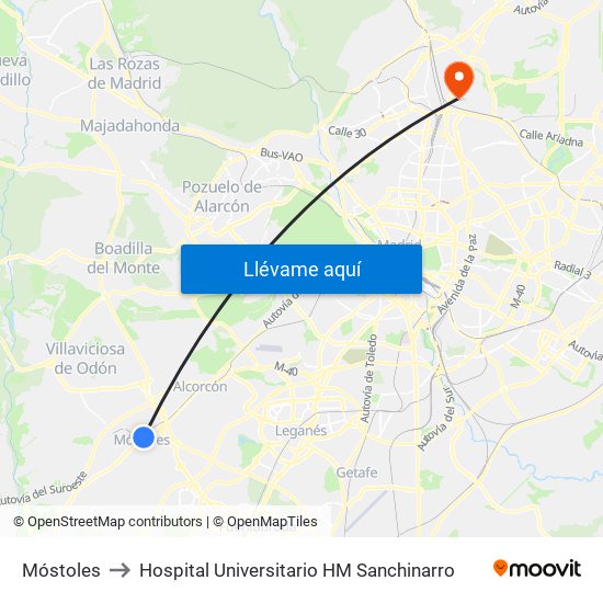 Móstoles to Hospital Universitario HM Sanchinarro map