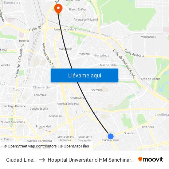 Ciudad Lineal to Hospital Universitario HM Sanchinarro map