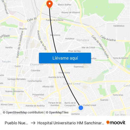 Pueblo Nuevo to Hospital Universitario HM Sanchinarro map