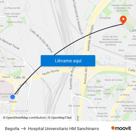 Begoña to Hospital Universitario HM Sanchinarro map