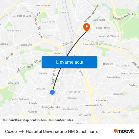 Cuzco to Hospital Universitario HM Sanchinarro map