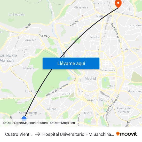 Cuatro Vientos to Hospital Universitario HM Sanchinarro map