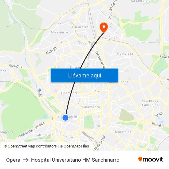 Ópera to Hospital Universitario HM Sanchinarro map