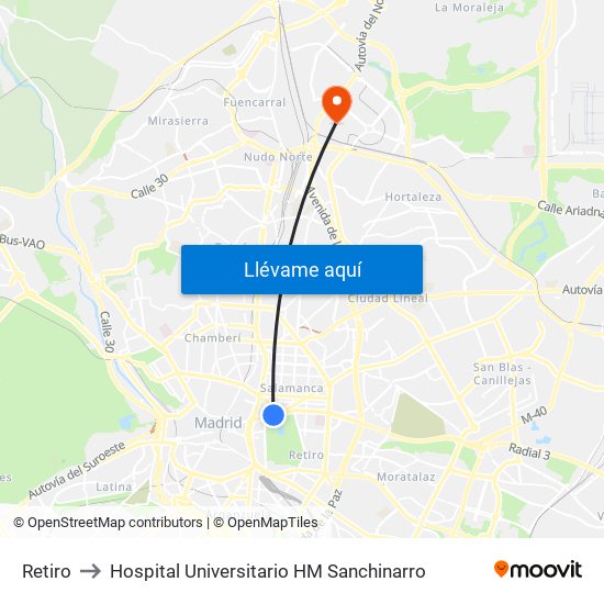 Retiro to Hospital Universitario HM Sanchinarro map