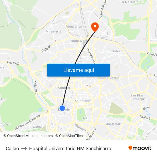 Callao to Hospital Universitario HM Sanchinarro map