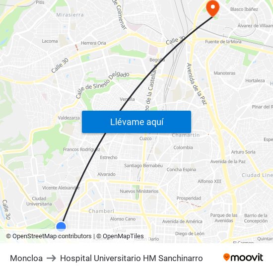 Moncloa to Hospital Universitario HM Sanchinarro map