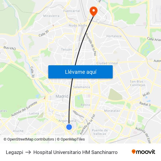 Legazpi to Hospital Universitario HM Sanchinarro map