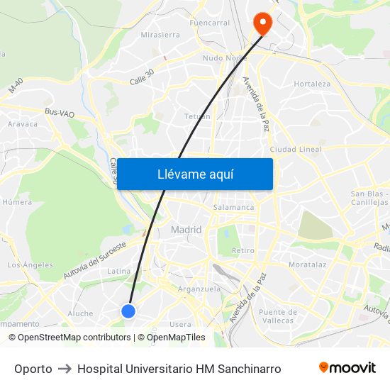 Oporto to Hospital Universitario HM Sanchinarro map