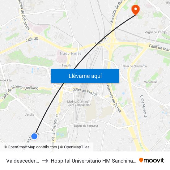 Valdeacederas to Hospital Universitario HM Sanchinarro map