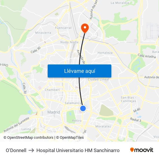 O'Donnell to Hospital Universitario HM Sanchinarro map