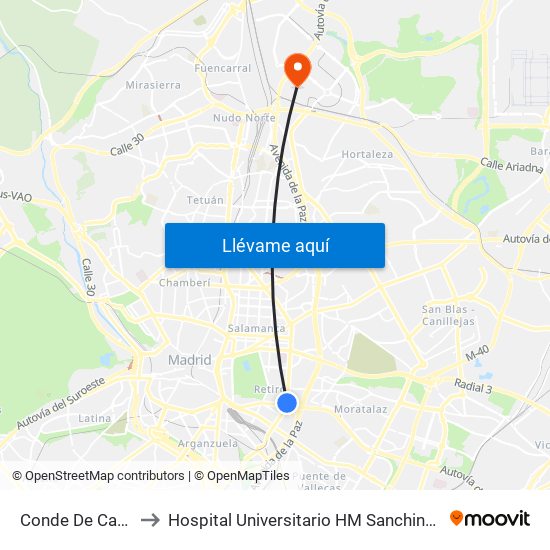 Conde De Casal to Hospital Universitario HM Sanchinarro map
