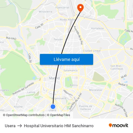Usera to Hospital Universitario HM Sanchinarro map