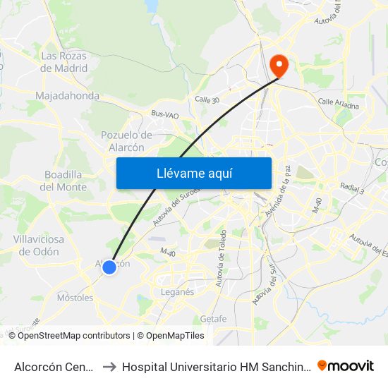 Alcorcón Central to Hospital Universitario HM Sanchinarro map