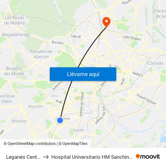 Leganés Central to Hospital Universitario HM Sanchinarro map