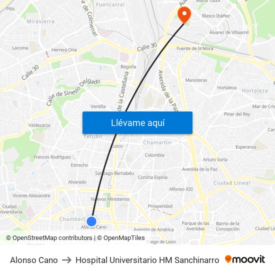 Alonso Cano to Hospital Universitario HM Sanchinarro map