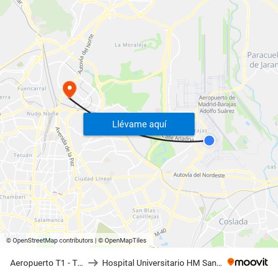 Aeropuerto T1 - T2 - T3 to Hospital Universitario HM Sanchinarro map