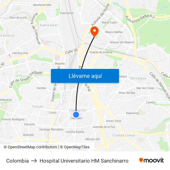 Colombia to Hospital Universitario HM Sanchinarro map