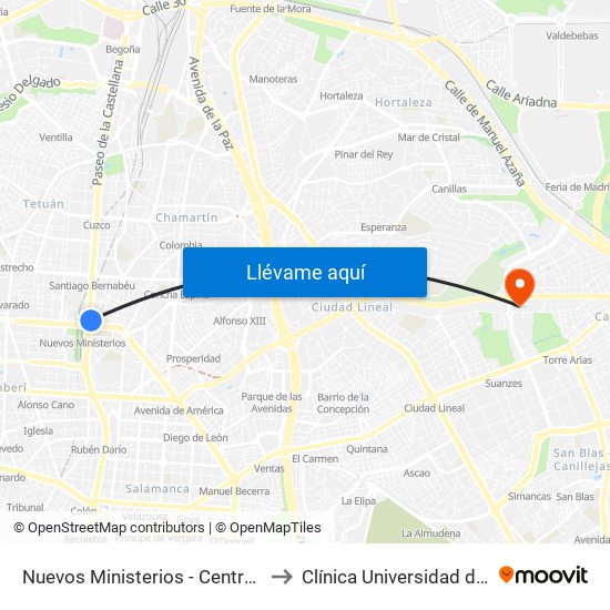 Nuevos Ministerios - Centro Comercial to Clínica Universidad de Navarra map