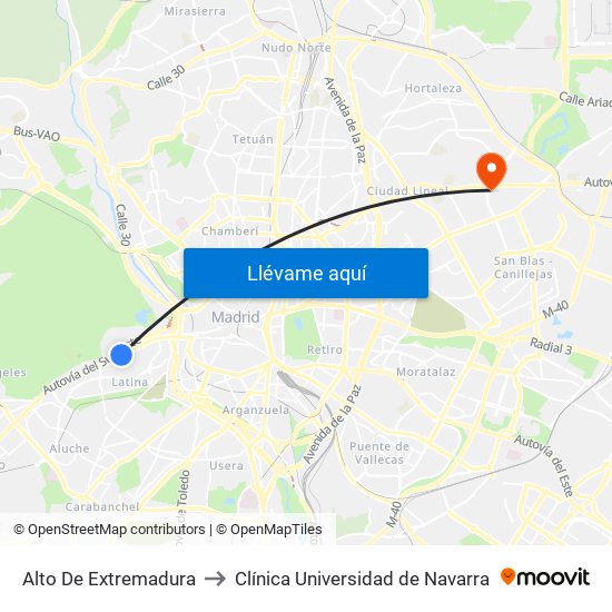 Alto De Extremadura to Clínica Universidad de Navarra map