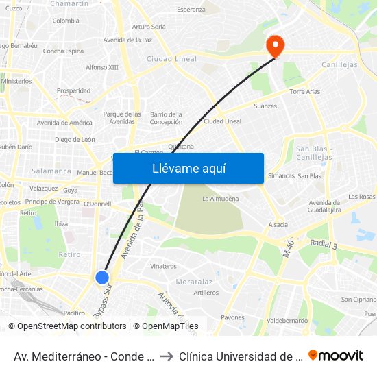 Av. Mediterráneo - Conde De Casal to Clínica Universidad de Navarra map