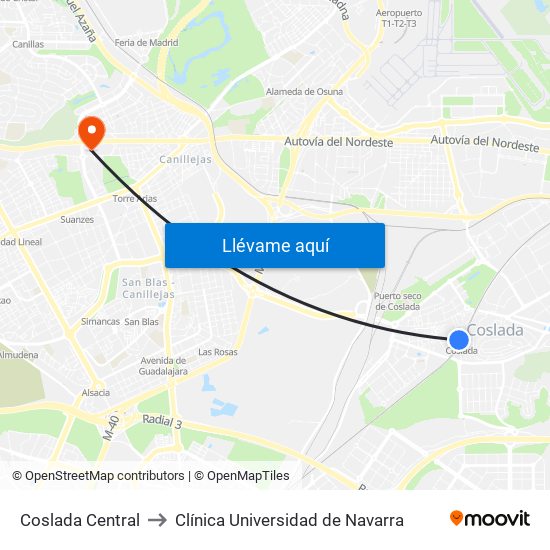 Coslada Central to Clínica Universidad de Navarra map
