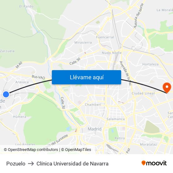 Pozuelo to Clínica Universidad de Navarra map