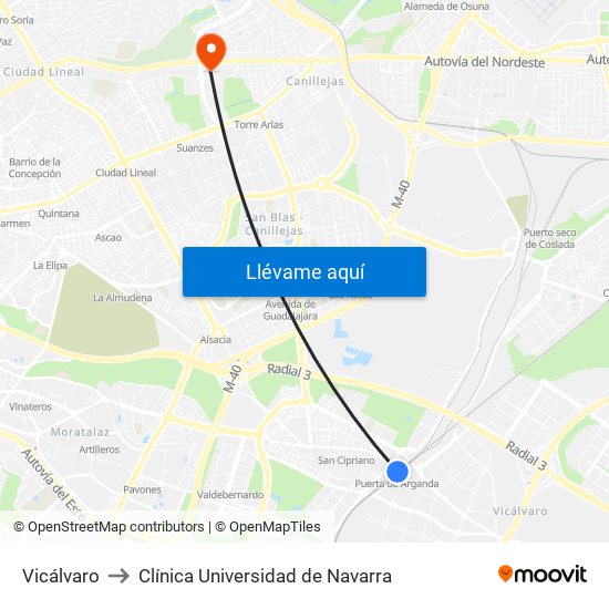 Vicálvaro to Clínica Universidad de Navarra map