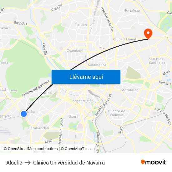 Aluche to Clínica Universidad de Navarra map