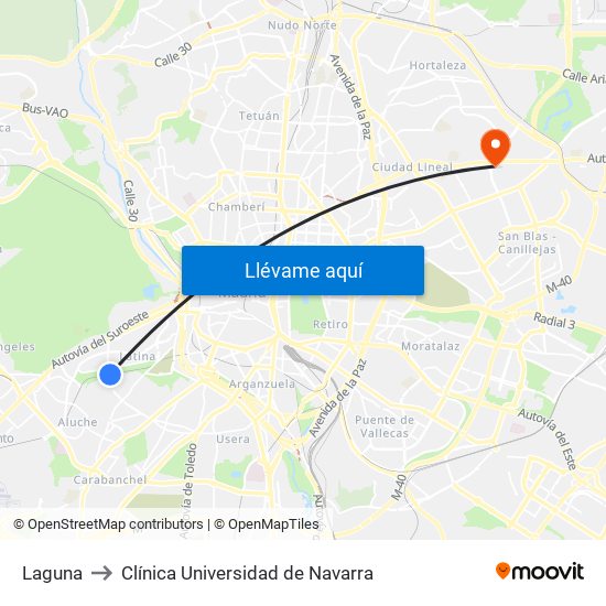 Laguna to Clínica Universidad de Navarra map