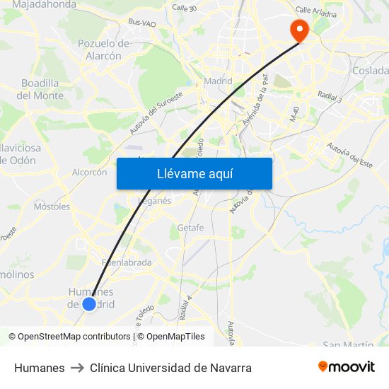 Humanes to Clínica Universidad de Navarra map